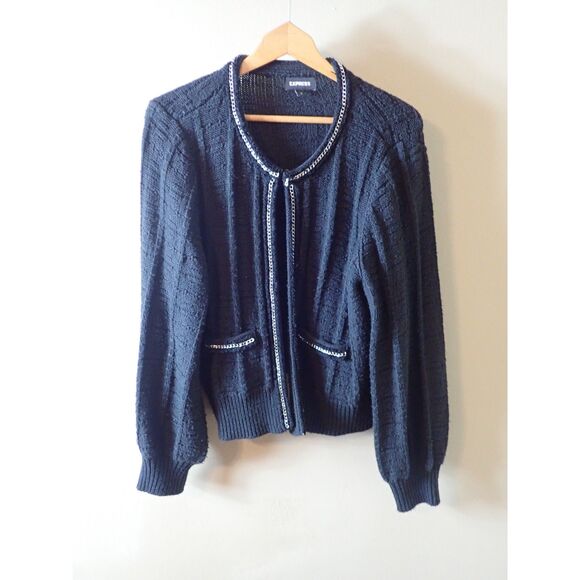 Express Women's XL Black Textured Cardigan Sweater Jacket Chain Fringe Trim - Picture 1 of 8